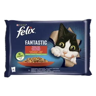 FELIX Fantastic csirkével és paradicsommal/marhával és sárgarépával aszpikban nedves eledel felnőtt macskáknak